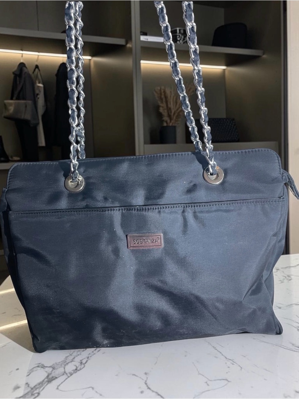 Sostanza Black Nylon Shoulder Bag Vintage Silver Chain Strap Tote Handbag
